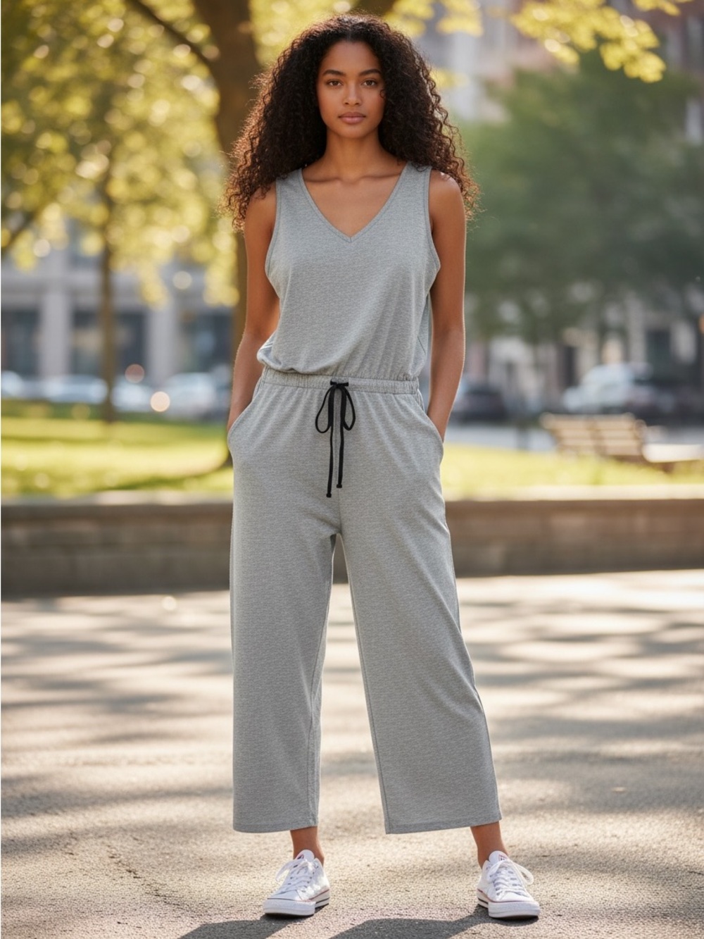 Old Navy Active Light Gray Sleeveless V-Neck Wide-Leg Jumpsuit